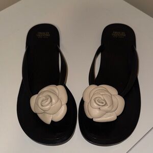 Elegant Black and Cream Floral Sandals